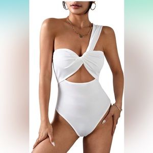 One-shoulder white bodysuit with flattering front cut-out.